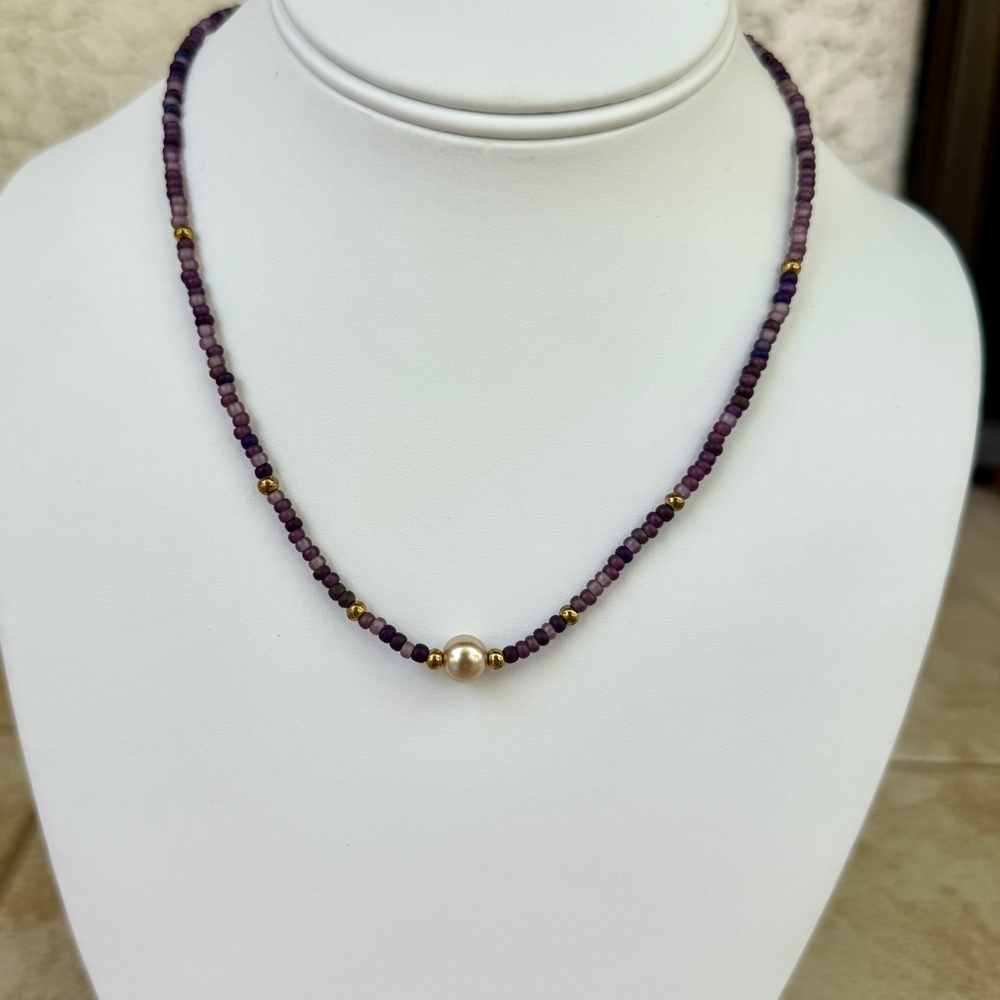 Hand Crafted Pearl Focal Beaded Purple Gradient Seed Beads Necklace